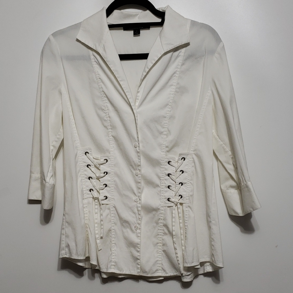 Lafayette 148‎ Off White Lace-Up Grommet Poplin Button Down Blouse